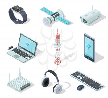 Electronic devices. Isometric wireless gadgets connection. Remote controller, cell phone router. Connection technology 3d vector set. Illustration of device electronic wireless
