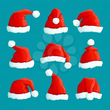 Santa red hats. Christmas funny caps. Santa clothes warm hat. Isolated vector set. Hat fluffy of collection santa claus accessory illustration