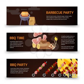 BBQ and steak horizontal banners template. Meat, coal, firewood and barbecue on a black background. Poster for barbecue party and bbq time. Vector illustration