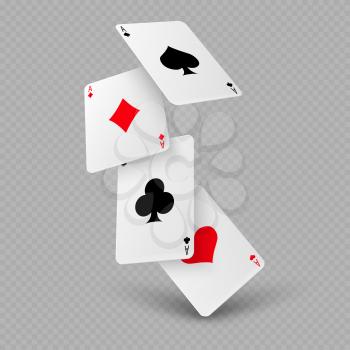 Falling poker playing cards of aces isolated on transparent background. Vector illustration
