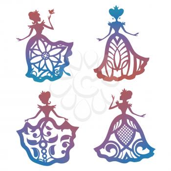 Colorful princess silhouette in lacy dresses collection isolated. Vector illustration