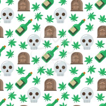 Skull plants alcohol and tombstone seamless pattern design. Vector illustration