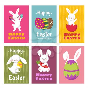 Happy Easter vector greeting cards with cartoon bunny rabbit and easter eggs. Illustration of easter holiday with rabbit and eggs