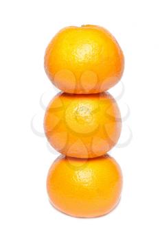 Row of orange mandarins isolated on white.