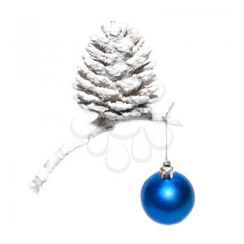 Christmas snow cone with blue bauble isolated on white.