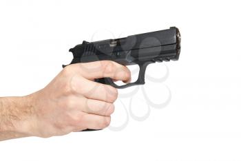 Black gun in a hand isolated on white