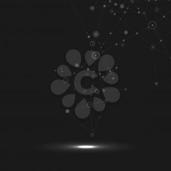 Abstract technology structure. Dark network background with connecting circle and lines.