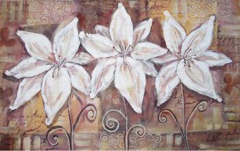 Three beautiful white lilies on a brown grunge background. Acrylic painting.