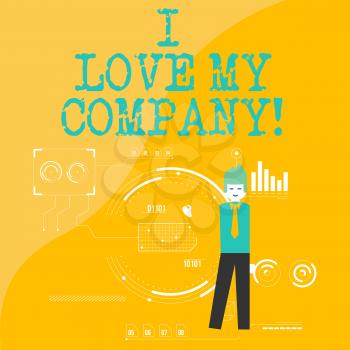 Text sign showing I Love My Company. Business photo showcasing tell why admire their job and workplace Man Standing Holding Pen Pointing to Chart Diagram with SEO Process Icons