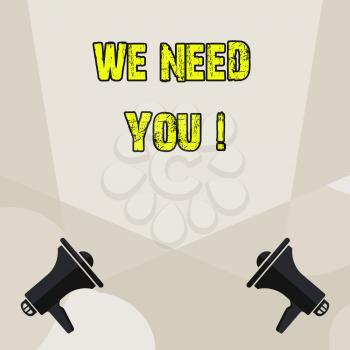 Conceptual hand writing showing We Need You. Concept meaning asking someone to work together for certain job or target Blank Spotlight Crisscrossing Upward Megaphones on the Floor