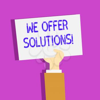 Conceptual hand writing showing We Offer Solutions. Concept meaning way to solve problem or deal with difficult situation Clipart of Hand Holding Up Sheet of Paper on Pastel Backdrop