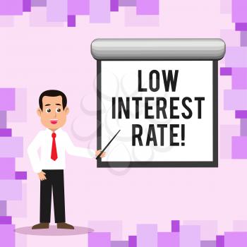 Writing note showing Low Interest Rate. Business concept for Manage money wisely pay lesser rates save higher Man in Necktie Holding Stick Pointing White Screen on Wall