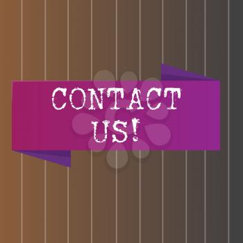 Text sign showing Contact Us. Business photo showcasing individuals private or demonstratingal information demonstrating Blank Folded Color Banner photo on Vertically Striped Two Toned Backdrop