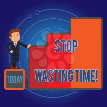 Writing note showing Stop Wasting Time. Business concept for advising demonstrating or group start planning and use it wisely Businessman Presenting Growth and Success in Graph Columns