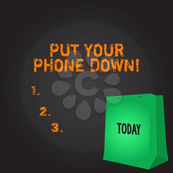 Conceptual hand writing showing Put Your Phone Down. Concept meaning end telephone connection saying goodbye caller Color Gift Bag with Punched Hole on Two toned Blank Space