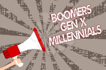 Text sign showing Boomers Gen X Millennials. Conceptual photo generally considered to be about thirty years Man holding megaphone loudspeaker grunge gray rays important messages