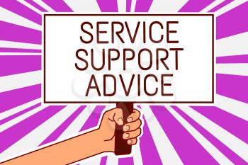 Handwriting text writing Service Support Advice. Concept meaning providing help to others in verbal or action way Man hand holding poster important protest message purple rays background