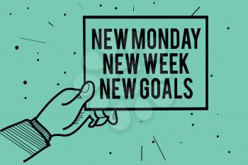 Text sign showing New Monday New Week New Goals. Conceptual photo Be positive every start of the week Man hand holding paper communicating information dots turquoise background