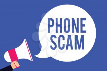 Text sign showing Phone Scam. Conceptual photo getting unwanted calls to promote products or service Telesales Man holding megaphone loudspeaker speech bubble screaming blue background