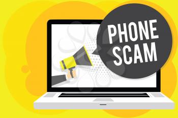 Conceptual hand writing showing Phone Scam. Business photo showcasing getting unwanted calls to promote products or service Telesales Man holding Megaphone computer screen talking speech bubble