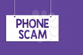 Conceptual hand writing showing Phone Scam. Business photo showcasing getting unwanted calls to promote products or service Telesales Hanging board message open close sign purple background