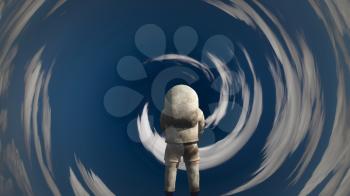 Surreal scene. Astronaut in tunnel of clouds. 3D rendering