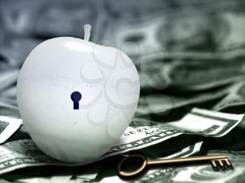 White apple with keyhole and key. US dollars.