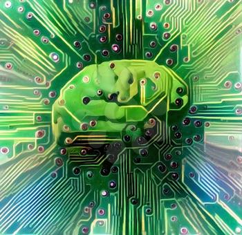 Electronic brain. Sci-Fi painting in green colors