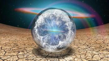 Surrealism. Splash of clouds and lightnings inside crystal ball. Galaxy disk on a background.