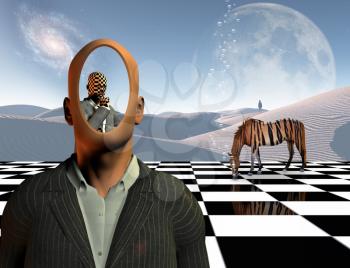 Surrealism. Faceless businessman with another thinking businessman behind him stands on chessboard. Lonely man in a distance. White sand dune. Striped horse like a tiger. 3D rendering