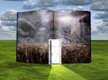 Surrealism. Book with opened door and field.