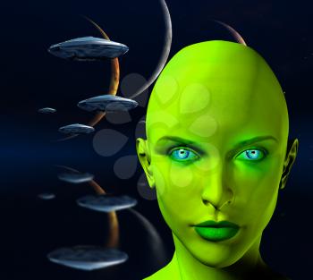 The face of female alien. Three moons and spaceships in blue deep space.