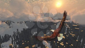Eagle flies above futuristic megalopolis. 3D rendering
