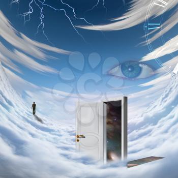 Surrealism. Spiral of time. Lonely man in a distance. Opened door to another dimension.