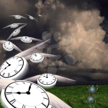 Symbolic composition. Winged clocks represent flow of time. 3D rendering.