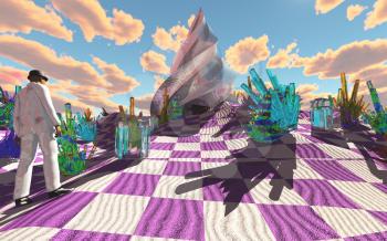 Man in white suit stands on checkered desert with colorful crystals. Futuristic building buried in the sand. 3D rendering
