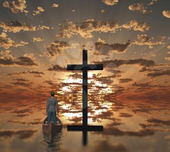 Man with boat near giant cross with sunrise background. 3D rendering