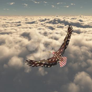 Eagle flies above clouds. 3D rendering