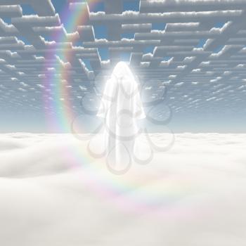 Figure in shining cloak stands on a field of clouds. 3D rendering