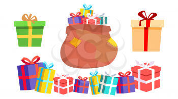 Holiday Present Gift Box Vector. Pile Of Colorful Wrapped Gifts. Packaging. Christmas, New Year Birthday Concept. Cartoon Illustration
