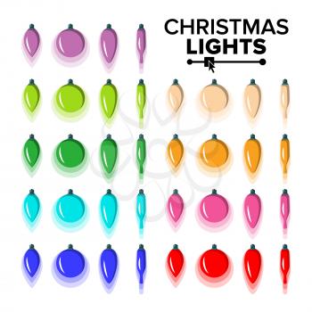 Christmas Bulbs Set Vector. Flat Colored Light Collection. Various Shapes. Isolated On White Illustration