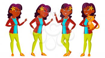 Teen Girl Poses Set Vector. Indian, Hindu. Asian.Beauty, Lifestyle. For Web, Poster Booklet Design Isolated Cartoon Illustration