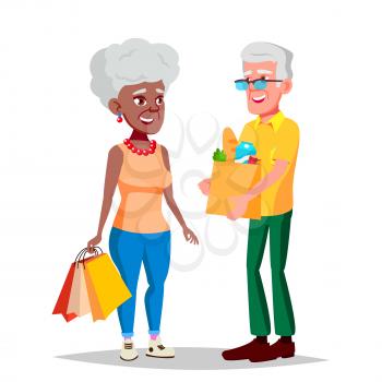Elderly Couple Vector. Grandfather And Grandmother. Face Emotions. Happy People Together. Black, Afro American, European. Isolated Flat Cartoon Illustration