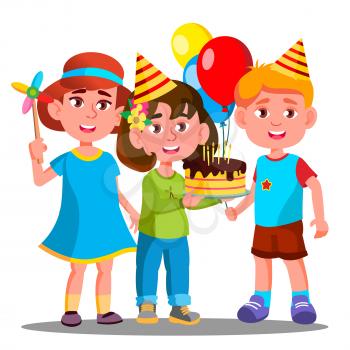 Group Of Happy Children Celebrating Birthday Together Vector. Illustration