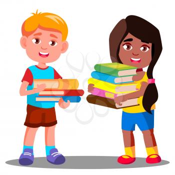 Child Is Carrying A Heavy Pile Of Books Vector. Illustration