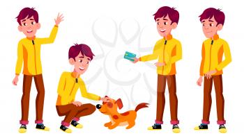 Teen Boy Poses Set Vector. Pet, Dog. Emotional, Pose. For Advertising, Placard Print Design Isolated Illustration