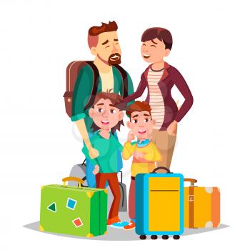 Parents And Children Traveling With Suitcases Vector. Illustration