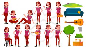 Teen Girl Poses Set Vector. Adult People. Casual. For Advertisement, Greeting, Announcement Design. Isolated Cartoon Illustration