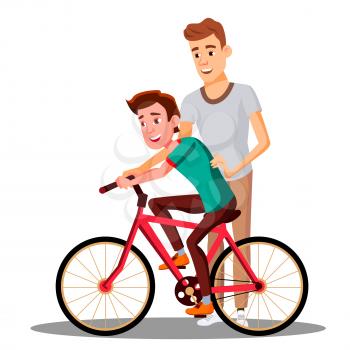 Father Teaches His Son To Ride A Bicycle Vector. Illustration