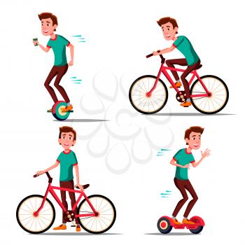 Teen Boy Riding Hoverboard, Bicycle Vector. City Outdoor Sport Activity. Gyro Scooter, Bike. Eco Friendly. Healthy Lifestyle. Illustration